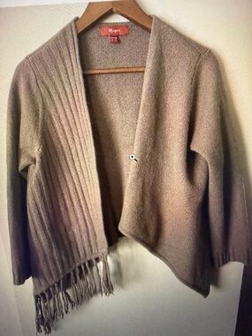 Monsoon Womens Brown Lambs Wool Angora Fringe Boxy Wrap Sweater Cardigan Size L